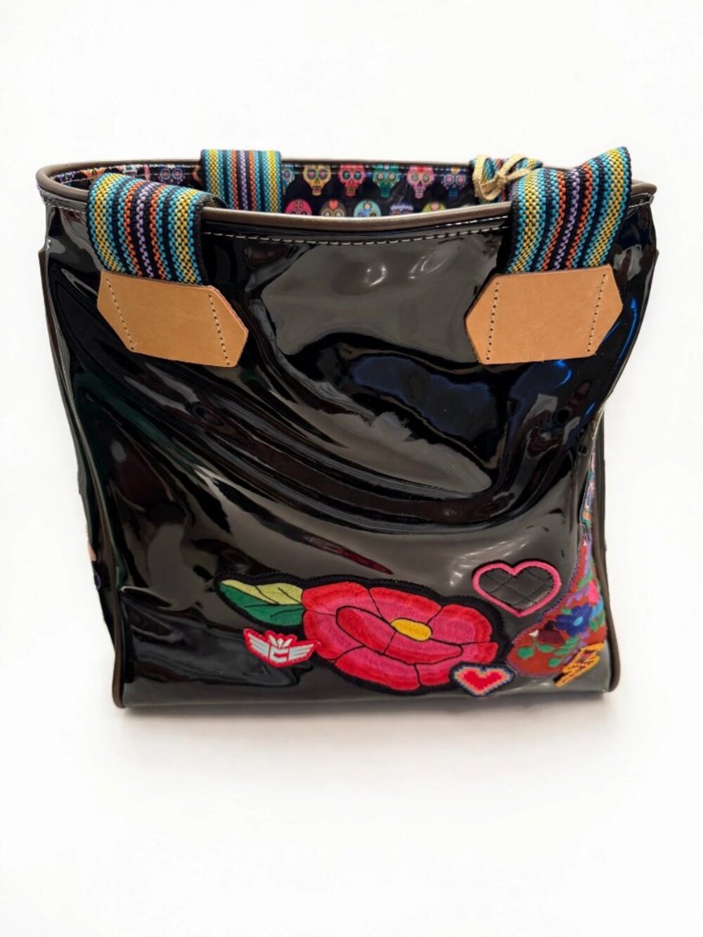 Consuela Black Patent Tote Bag Embroidered Flower Sugar Skull Lining